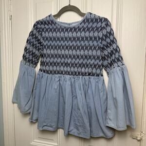 Asos Boho Top Womens 4 Small Blue Denim Pullover Smocked Bell Sleeve Hippie